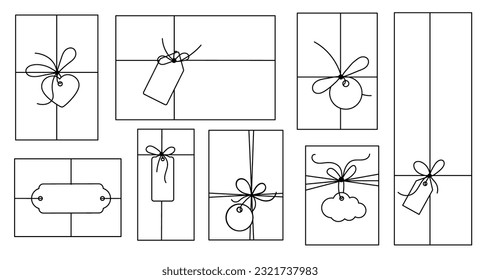 Gift box with bow and label tag on ribbon string vector silhouette icon set. Black line art rope cord with knot and bow for birthday or holiday christmas present package decoration.