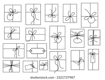 Gift box with bow and label tag on ribbon string vector silhouette icon set. Black line art rope cord with knot and bow for birthday or holiday christmas present package decoration.