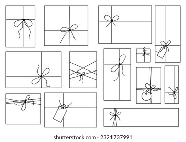 Gift box with bow and label tag on ribbon string vector silhouette icon set. Black line art rope cord with knot and bow for birthday or holiday christmas present package decoration.