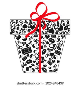 Gift box with bow made of black Valentines day icons hearts, lips, rings, envelopes, bows, Yin Yang isolated on white background. Valentines day concept to give love. Vector illustration.