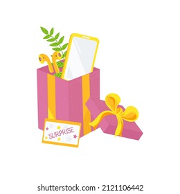 A gift in a box with a bow. Mobile phone and wireless headphones. A surprise for the holiday. Vector drawing on a white background.