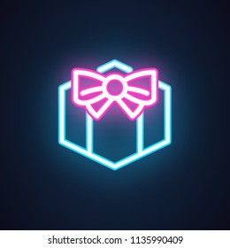 Gift box with bow neon icon. Fluorescent greeting symbol. Present glowing sign isolated on black. Vector for holidays, sales, contests, giveaway and other events. Image on greeting card