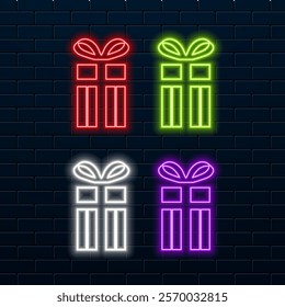 Gift box with bow neon icon. Giveaway Happy Birthday concept. Outer glowing effect banner. Vector stock illustration.