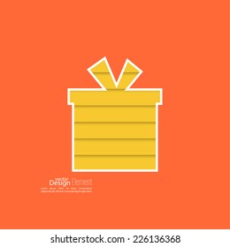 Gift box with a bow on a orange background with yellow strips