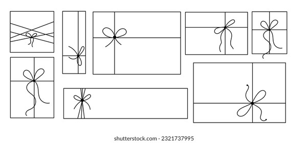 Caja de regalo con arco sobre el conjunto de iconos de silueta vectorial de la cadena de cinta. Cordón de cuerda de arte de línea negra con nudo y arco para cumpleaños o navidad navideña presente decoración de paquete.