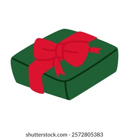 gift box with a bow on top. geometric shape is transformed into a green flat box with a red ribbon, tied in a bow with two loops. Isolated on white. A holiday gift. New Year, Christmas, Birthday