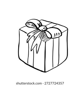 Uma caixa de presente com um arco em cima. Ilustração vetorial em estilo de esboço para design de livros, livros de colorir, interiores de crianças, cartões de férias e impressão em tecido e roupas.