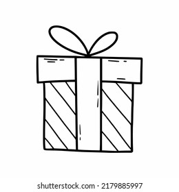 Gift box with bow on white background. Vector doodle illustration. Hand drawn sketch.