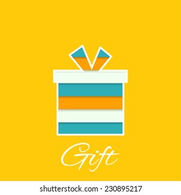 Gift box with a bow on yellow background with  blue, yellow strips