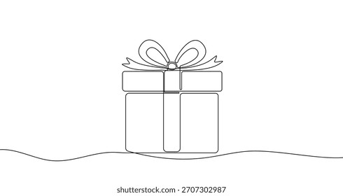 Gift box with a bow in one line art style. Drawing of a festive box with editable black stroke on a white background. Vector illustration.