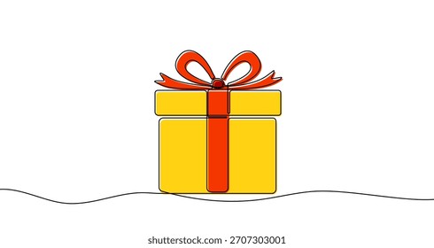 Caja de regalo con un arco en una línea estilo de arte. Dibujo de una caja festiva con relleno amarillo y cinta roja con trazo negro editable sobre un fondo blanco. Ilustración vectorial.