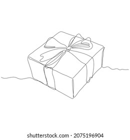 Gift box with a bow. Gift. One single continuous line drawing of a gift box isolated on white background. Beautiful hand-drawn design vector illustration. Icon. Logo design. Contour drawing