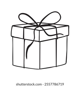 Gift box with bow outline coloring book page line art vector drawing. Gift box isolated on white, Christmas gift box with ribbon, Outline gift box vector