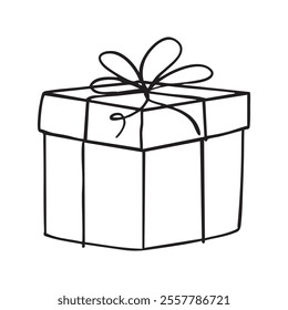 Gift box with bow outline coloring book page line art vector drawing. Gift box isolated on white, Christmas gift box with ribbon, Outline gift box vector