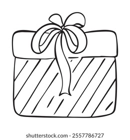 Gift box with bow outline coloring book page line art vector drawing. Gift box isolated on white, Christmas gift box with ribbon, Outline gift box vector