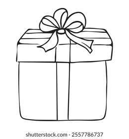 Gift box with bow outline coloring book page line art vector drawing. Gift box isolated on white, Christmas gift box with ribbon, Outline gift box vector