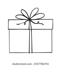 Gift box with bow outline coloring book page line art vector drawing. Gift box isolated on white, Christmas gift box with ribbon, Outline gift box vector