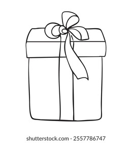 Gift box with bow outline coloring book page line art vector drawing. Gift box isolated on white, Christmas gift box with ribbon, Outline gift box vector