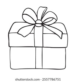 Gift box with bow outline coloring book page line art vector drawing. Gift box isolated on white, Christmas gift box with ribbon, Outline gift box vector