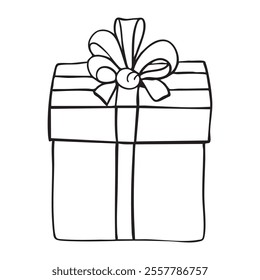 Gift box with bow outline coloring book page line art vector drawing. Gift box isolated on white, Christmas gift box with ribbon, Outline gift box vector