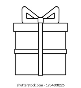 Gift box with bow. Outline vector icon isolated on white background. Festive decoration for birthday, wedding, graduation or party.