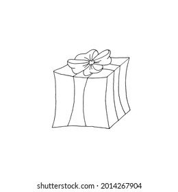Gift box with a bow. Package. Holiday. Vector. Doodle. Hand-drawn illustration. Silhouette. Black and white outline. Coloring.