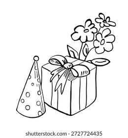 Uma caixa de presente com um arco, um chapéu de festa e um buquê de flores. Ilustração vetorial em estilo de esboço para design de livros, livros de colorir, interiores de crianças, cartões de férias, eventos e impressão de tecidos