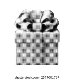 gift box with a bow, retro halftone photocopy style, stipple effect present illustration