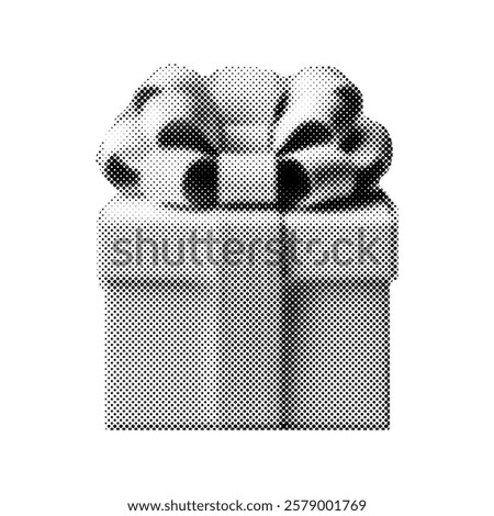 gift box with a bow, retro halftone photocopy style, stipple effect present illustration
