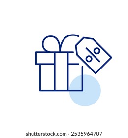 Caixa de presente com fita de arco e preço de desconto. Vendas de férias ou descontos sazonais. Ícone de vetor perfeito de pixel