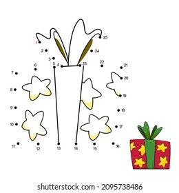 Caja de regalo con arco y cinta. Juego de punto a punto. Conecte los puntos por números para dibujar la caja actual. Juego lógico y página de color con caja de regalo. Tarjeta de educación para niños que aprenden contando números 1-25.