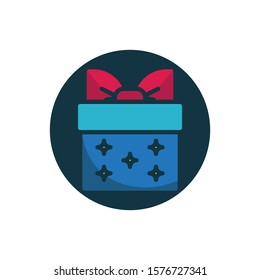Gift box with bow ribbon flat icon. Round colorful button, circular vector sign. Christmas Gift box flat style design