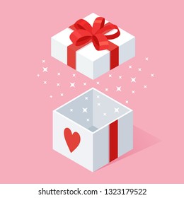 Gift box with bow, ribbon, heart isolated on background. 3d isometric package, surprise with confetti. Sale, shopping. Valentines day, holiday, christmas, birthday concept. Vector cartoon design