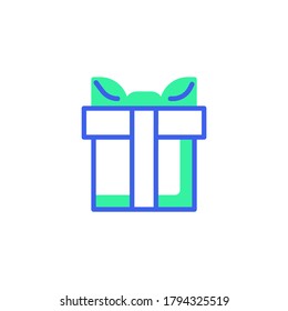 Gift box with bow ribbon icon vector, filled flat sign, gift bicolor pictogram, green and blue colors. Symbol, logo illustration