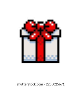 Gift box with bow and ribbon icon in pixel art design. Christmas and New Year, birthday, Vector sign isolated on white background.