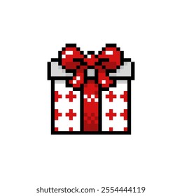 Gift box with bow and ribbon icon in pixel art design. Christmas and New Year, birthday, chinese new year and various motifs. Vector sign isolated on white background.