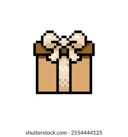 Gift box with bow and ribbon icon in pixel art design. Christmas and New Year, birthday, chinese new year and various motifs. Vector sign isolated on white background.