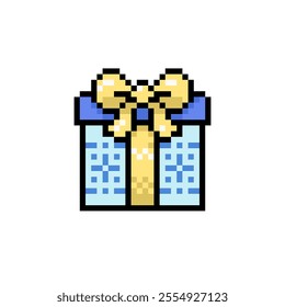 Gift box with bow and ribbon icon in pixel art design. Christmas and New Year, birthday, chinese new year and various motifs. Vector sign isolated on white background.