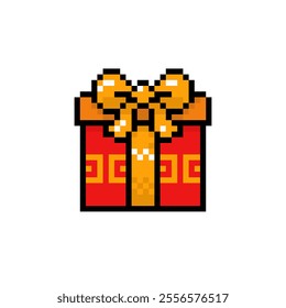 Gift box with bow and ribbon icon in pixel art design. Christmas and New Year, birthday, chinese new year and various motifs. Vector sign isolated on white background.