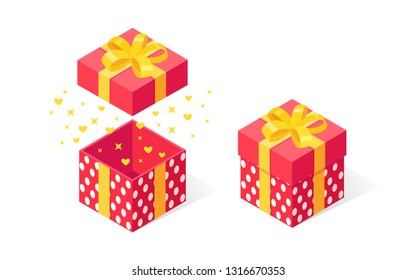 Gift box with bow, ribbon isolated on white background. 3d isometric red package, surprise with confetti. Sale, shopping. Holiday, christmas, birthday concept. Vector cartoon design