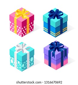 Gift box with bow, ribbon isolated on white background. 3d isometric red package, surprise. Sale, shopping. Holiday, christmas, birthday concept. Vector cartoon design