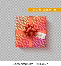 Gift box with bow and ribbon isolated on transparent background. Flat top view.