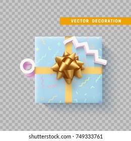 Gift box with bow and ribbon isolated on transparent background. Flat top view.