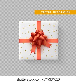 Gift box with bow and ribbon isolated on transparent background. Flat top view.