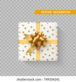 Gift box with bow and ribbon isolated on transparent background. Flat top view.