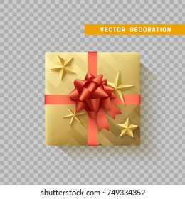 Gift box with bow and ribbon isolated on transparent background. Flat top view.