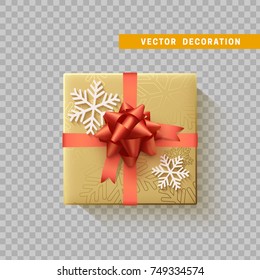 Gift box with bow and ribbon isolated on transparent background. Flat top view.