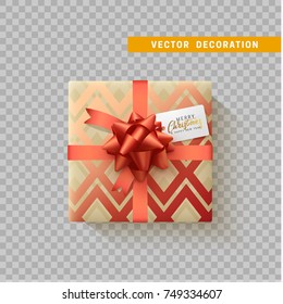 Gift box with bow and ribbon isolated on transparent background. Flat top view.