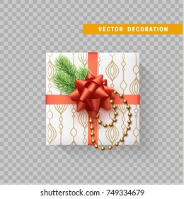 Gift box with bow and ribbon isolated on transparent background. Flat top view.