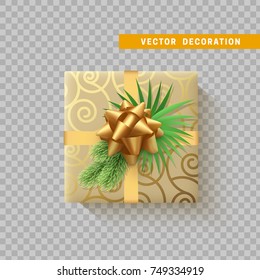 Gift box with bow and ribbon isolated on transparent background. Flat top view.